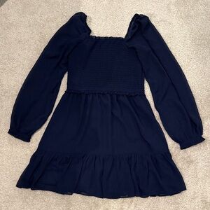 1. State navy blue smocked chiffon long sleeve mini dress